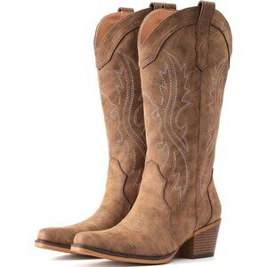 Women's Chunky Heel Mid Calf Snip Toe Embroidery Western Elegance Brown Boots
